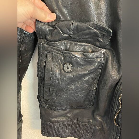 Allsaints Black Leather Bomber Aviator Flight Jacket with Shearling Collar Small - Picture 7 of 8